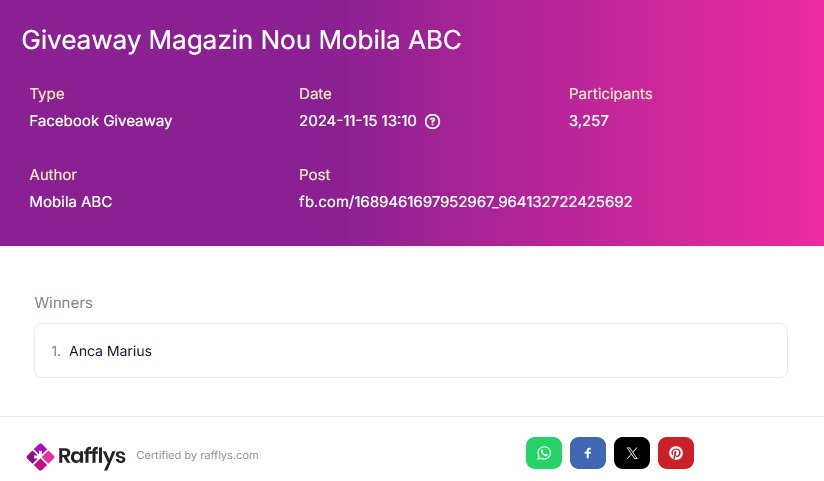 Anunț concurs câștigător